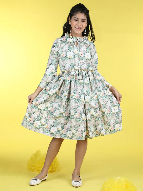 Cutiekins Mandarin Collar Printed Flared Dress-Light Green & Baige