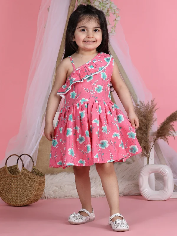 Cutiekins One Shoulder Printed Flared Dress-Pink & White