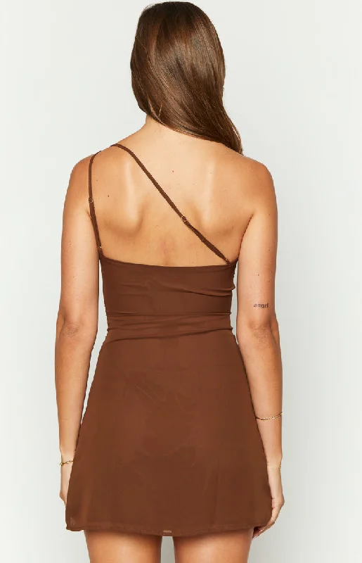 Dashiell Brown One Shoulder Chiffon Mini Dress