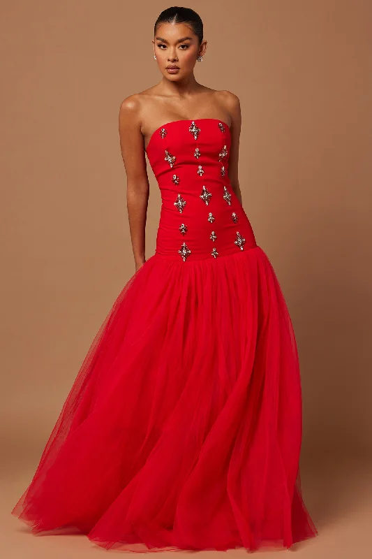 Dinah Embellished Tulle Gown - Red