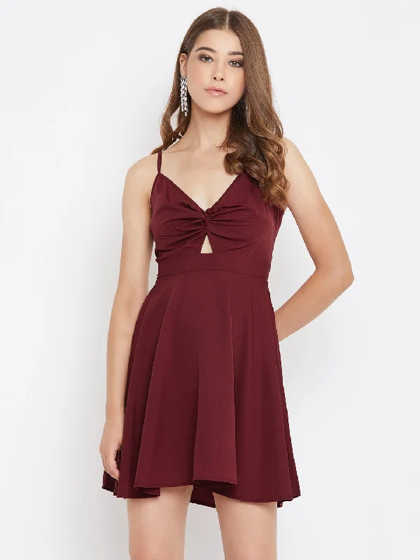 Berrylush Women Solid Maroon Front Twisted Knot Fit & Flare Mini Dress