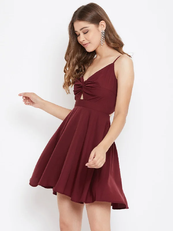 Berrylush Women Solid Maroon Front Twisted Knot Fit & Flare Mini Dress