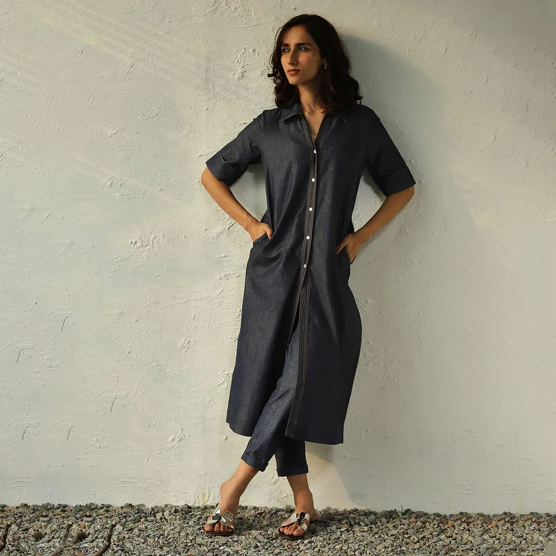 Cotton Denim Shirt Dress for Women | Navy Blue