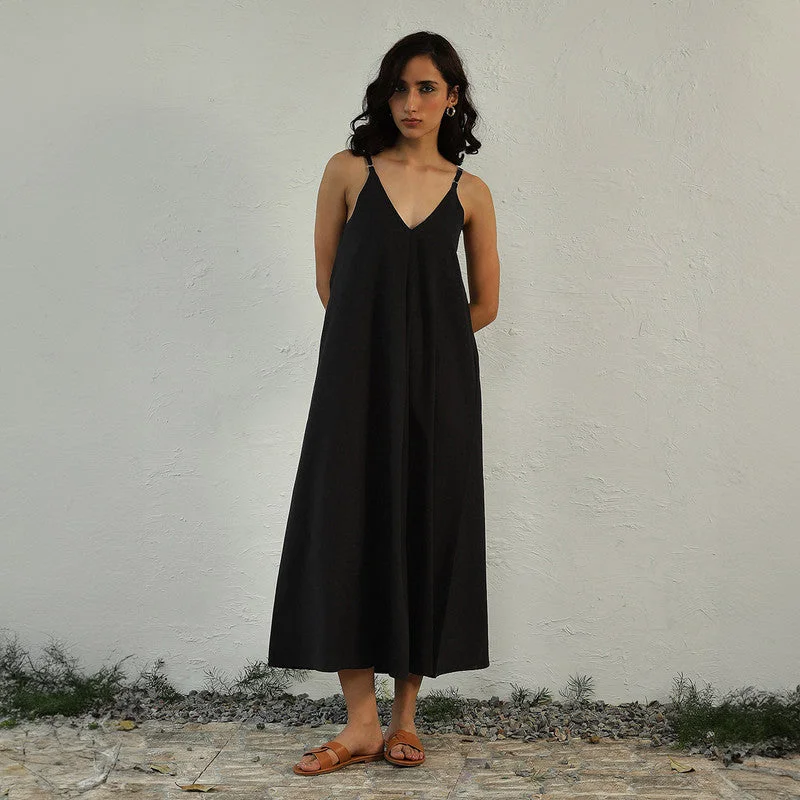 Cotton Poplin Maxi Dress for Women | Black