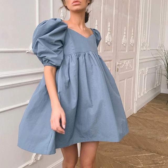 Amy Fashion - Elegant Square Collar Puff Short Sleeve Party Dress