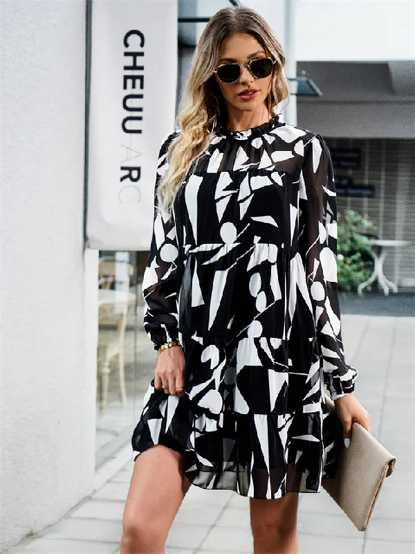 Fall and Winter Women's Printed High Waist Dress Temperament Elegant Bubble Sleeve Long Sleeve Commuter Short Dresses