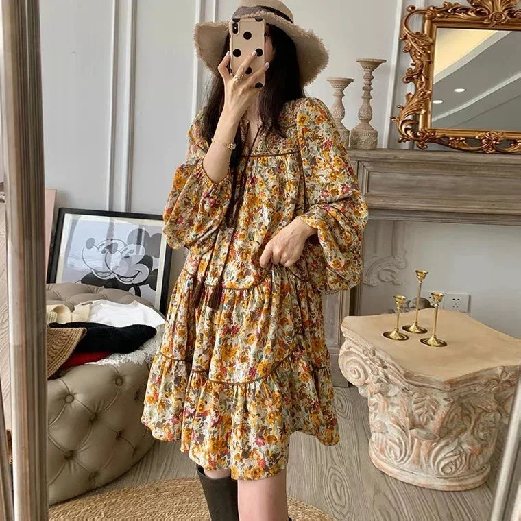 FashionSierra-Vintage  Floral Print  Mini  For Women  Tunic  Tassel  Casual  Lantern Long Sleeve  Autumn  A-line  Vestidos Boho Dress