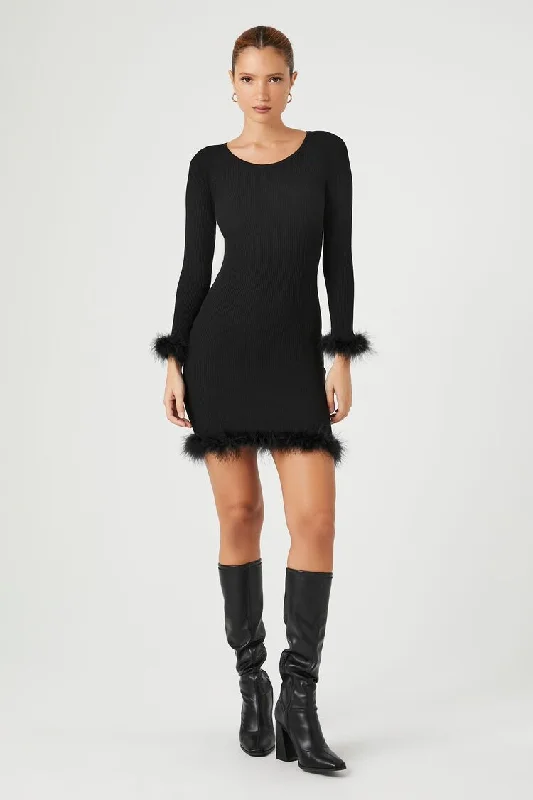 Forever 21 Knit Women's Faux Feather-Trim Midi Sweater Winter Dress Black