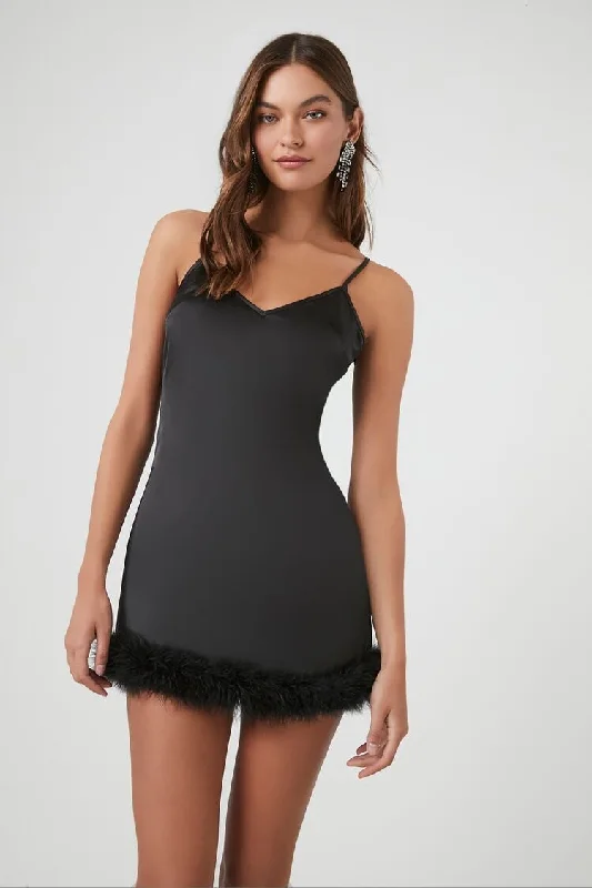 Forever 21 Women's Faux Feather Satin Slip Dress Black