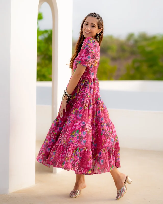 Fuschia Tiered Flared Dress