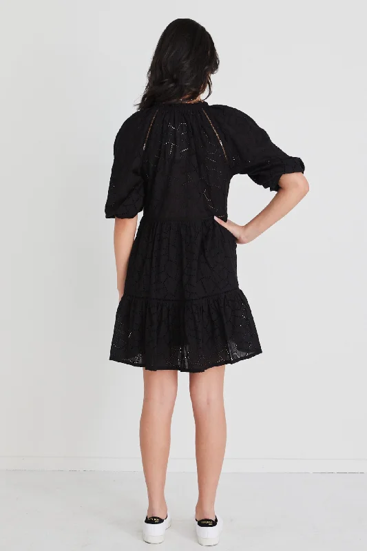 Gemini Black Broiderie Balloon Sleeve Tiered Mini Dress