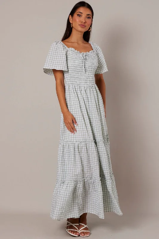 Green Check Maxi Dress Short Sleeve Shirred