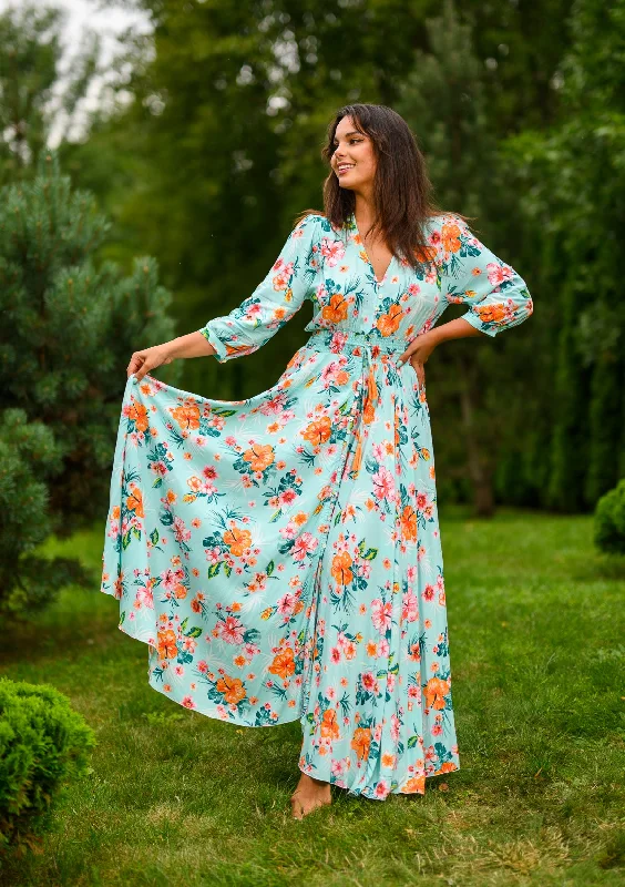 Isabella Sky Blue Orange Flowers Dress