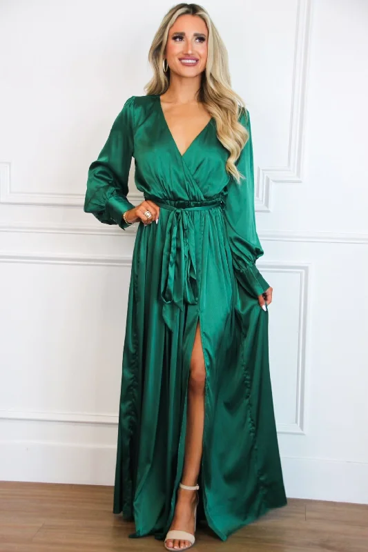 Jordana Long Sleeve Satin Maxi Dress: Green