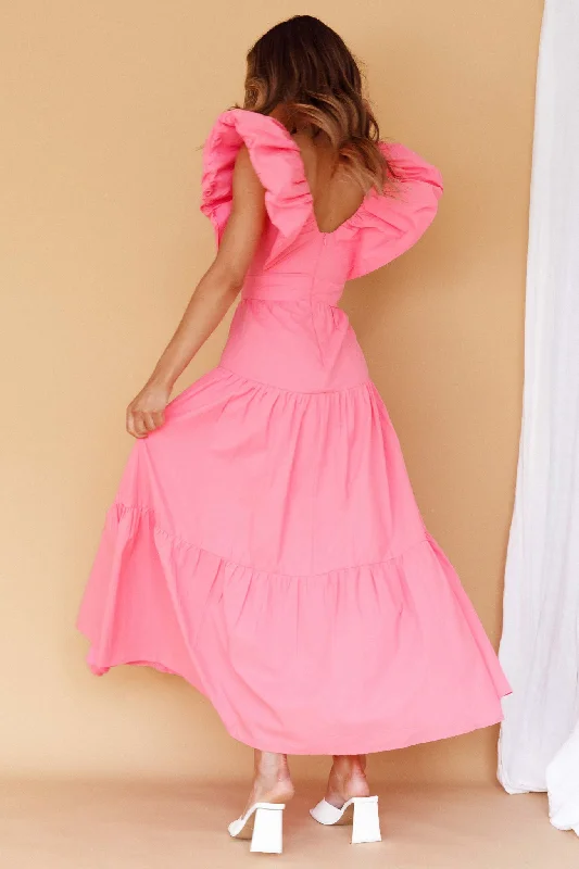 Kahlo Puffed Ruffle Neckline Maxi Dress Soft Pink