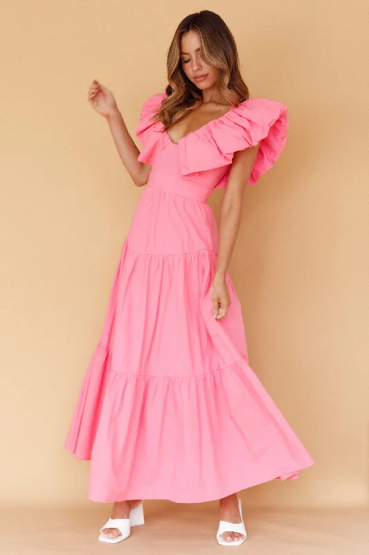 Kahlo Puffed Ruffle Neckline Maxi Dress Soft Pink