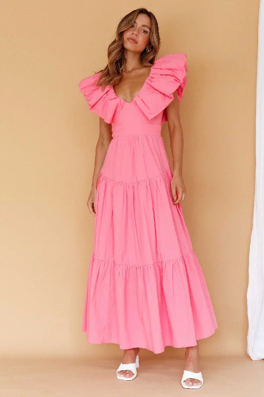 Kahlo Puffed Ruffle Neckline Maxi Dress Soft Pink