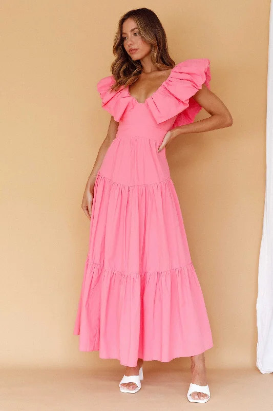 Kahlo Puffed Ruffle Neckline Maxi Dress Soft Pink