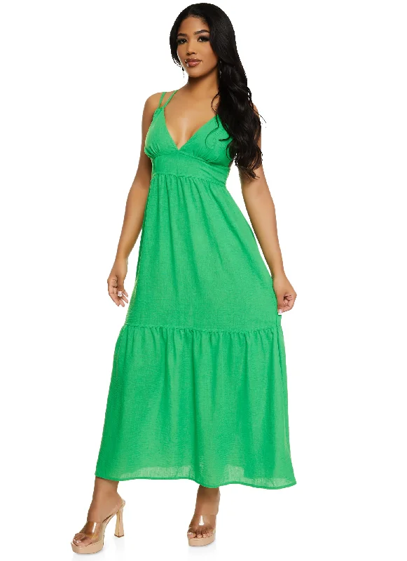 Haute Monde Linen Plunge Tiered Maxi Dress