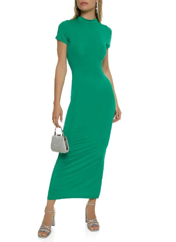 Solid Short Sleeve Mock Neck Maxi Dress