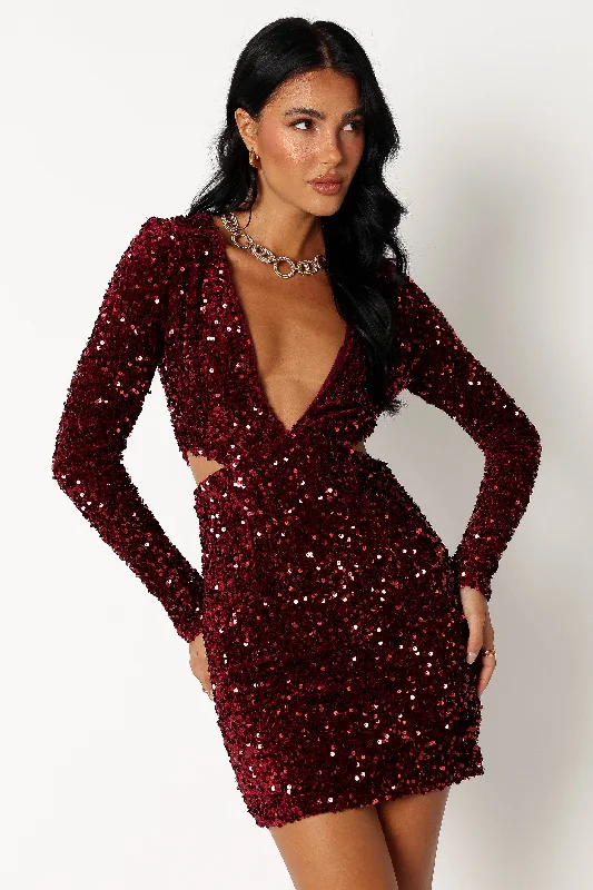 Kelly Long Sleeve Sequin Mini Dress - Wine