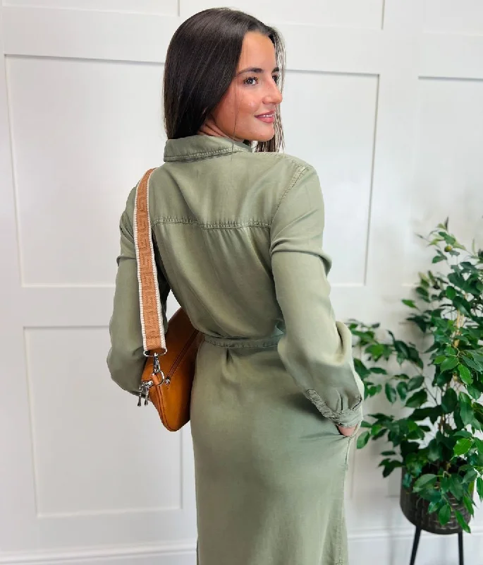 Khaki Tencel Belted Midi Shirt Dress