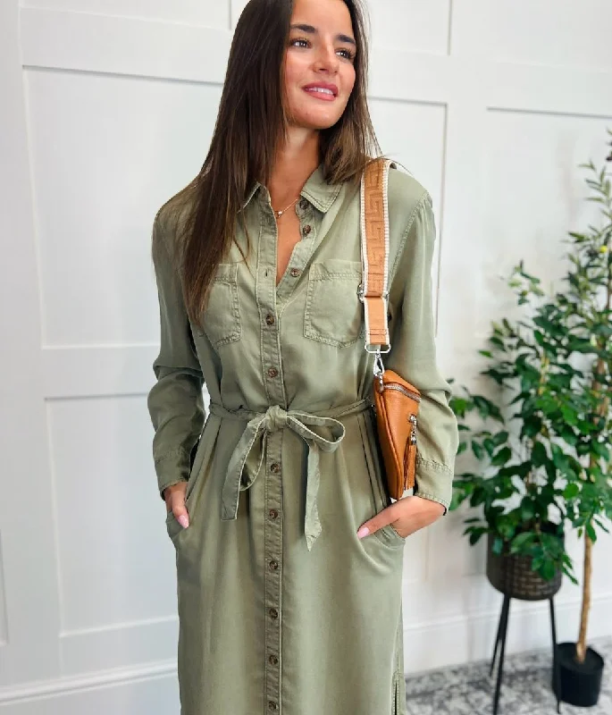 Khaki Tencel Belted Midi Shirt Dress