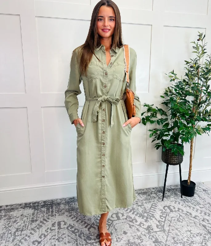 Khaki Tencel Belted Midi Shirt Dress