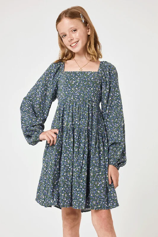 Kids Navy Floral Long Sleeve Dress