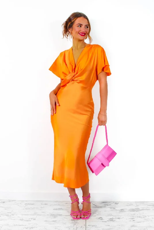 Knot Your Average - Orange Knot Front Satin Maxi Dress