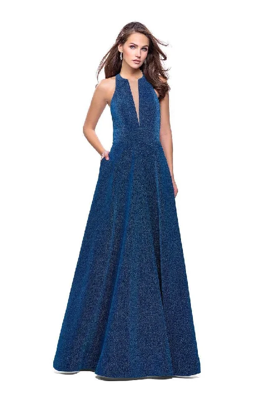 La Femme - 26073 Sparkling Mikado Halter A-line Gown