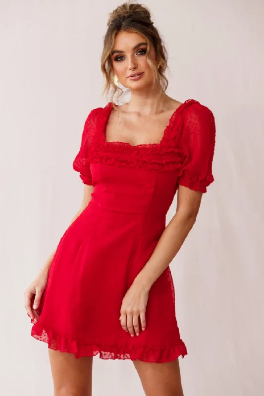 Lara Puff Sleeve Frill Dress Red