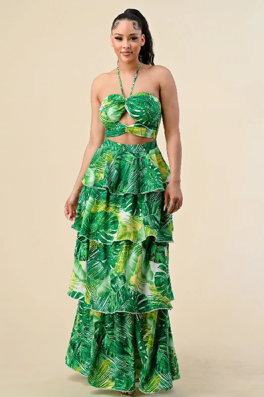 Long Tropical Print Ruffle Halter Maxi Dress