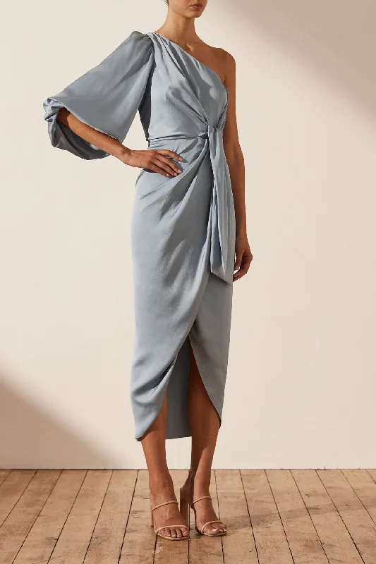 LUXE TIE FRONT ONE SHOULDER DRESS - AZURE