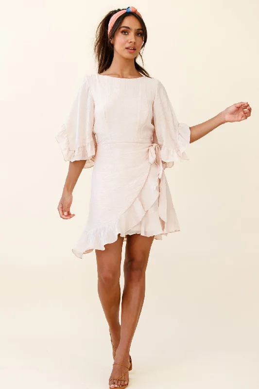 Make It Happen Flared Sleeve Ruffle Trim Dress Beige