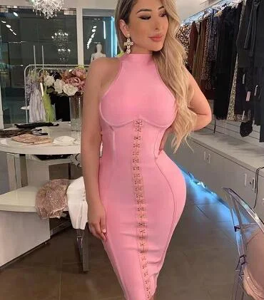 new style women's sleeveless pink bodycon bandage dress rayon bandage dress evening club party dress