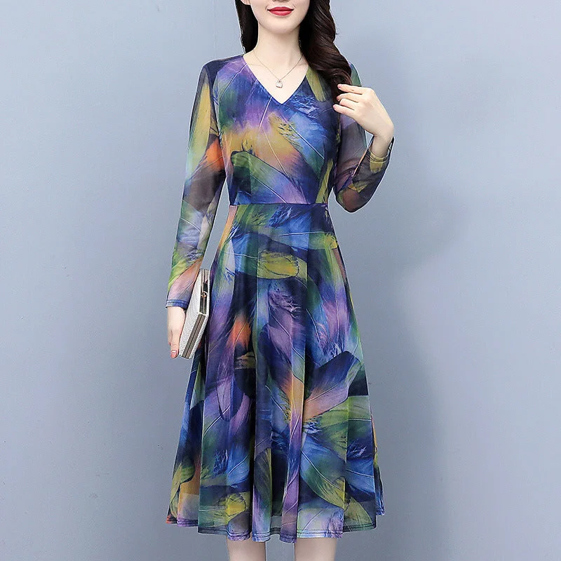 NiDELL Fashion plus Size Women . Spring and Autumn New Printed Hollow Mesh Long Sleeve Slim Slimming Midi Dress for Women