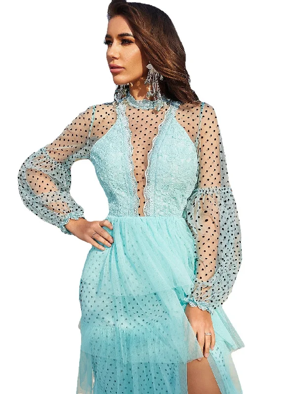 NiDELL Spring and Summer New Women's Commuting Wear Slimming Long Sleeve Dot Mesh Korean Style Dress Maxi Dress-A025