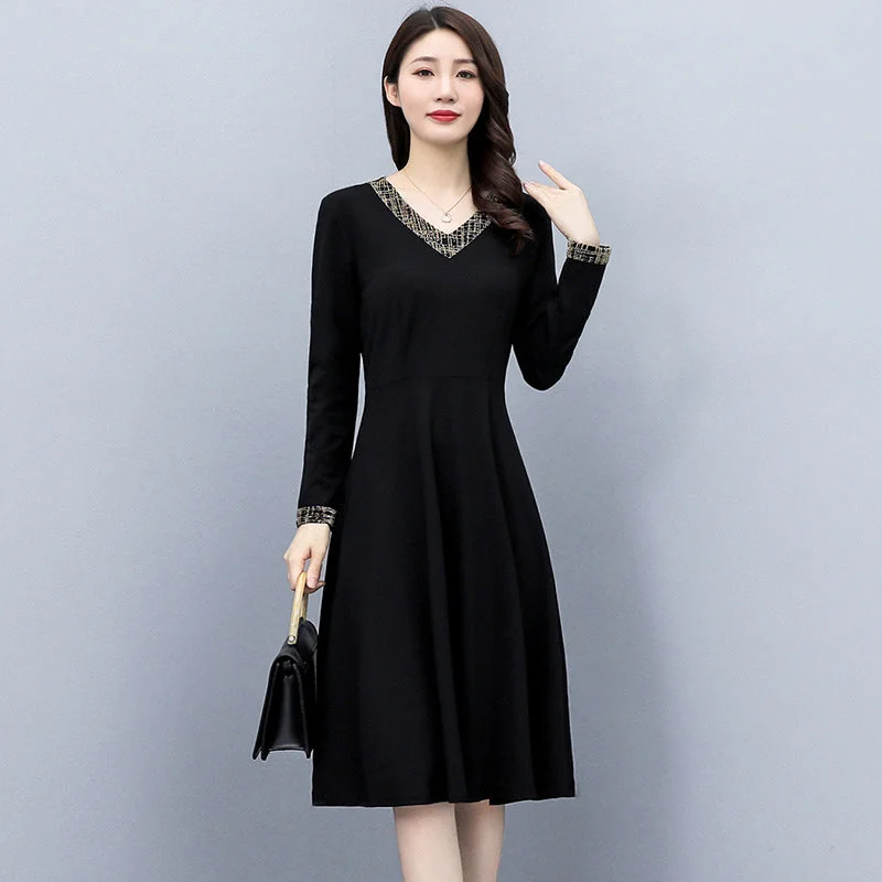 NiDELL . Spring plus Size Women's Clothing Plump Girls Long Sleeve Waist Slimming Dress Fashionable Stylish V-neck Dress One Piece Dropshipping