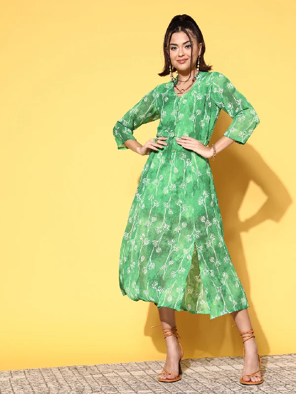 Women Elegant Green Floral Print Parade Dress