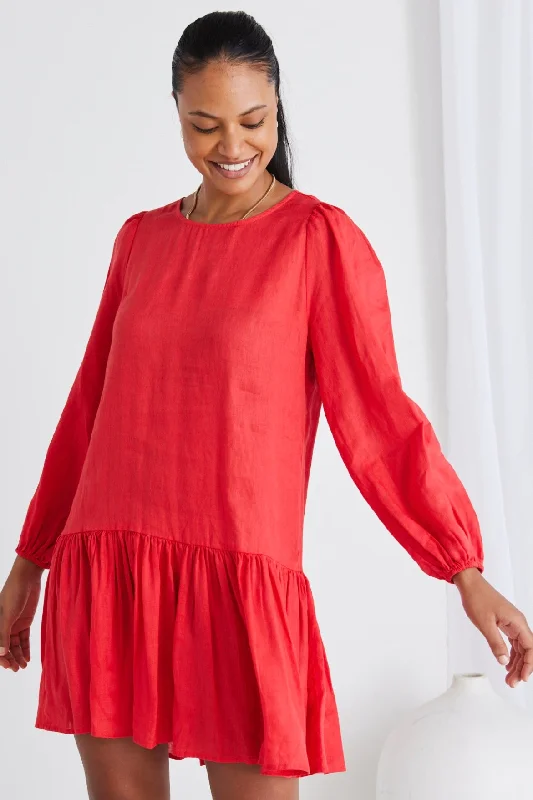 Rhea Coral Linen Drop Waist Smock Mini Dress