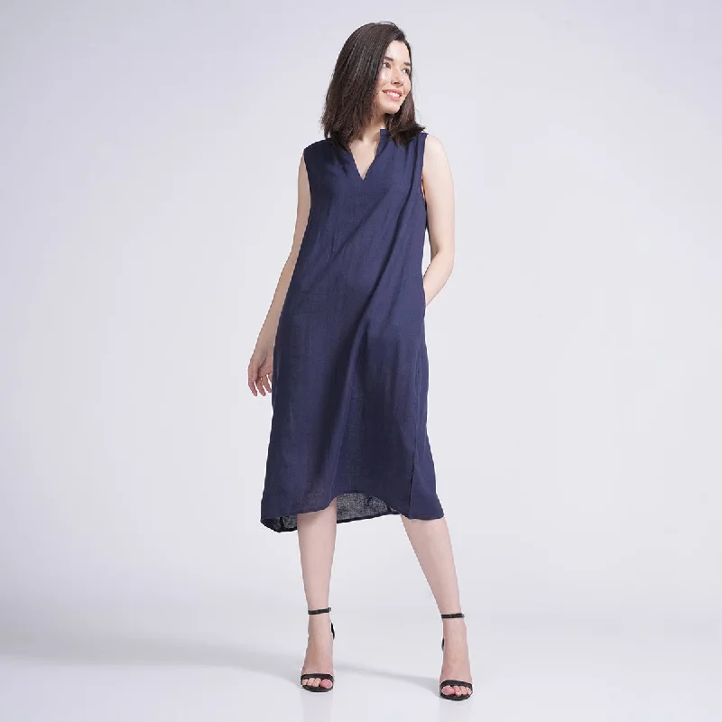 Linen A-Line Dress for Women | Sleeveless | Navy Blue