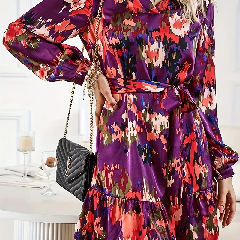 Sixsr Allover Print Long Sleeve Dress, Casual V Neck Tie-neck Ruffle Hem Dress, Women's Clothing