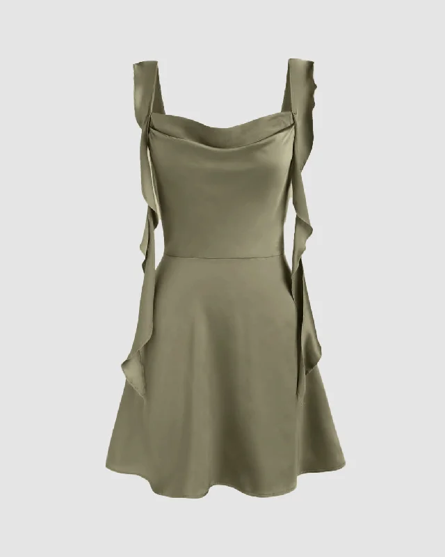 Square Neck Ruched Ruffle Green Mini Dress