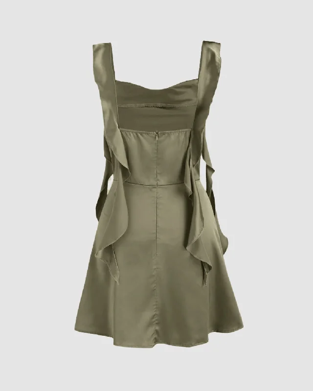 Square Neck Ruched Ruffle Green Mini Dress