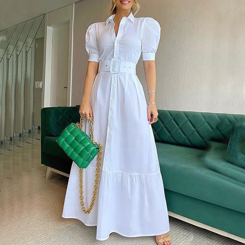 Summer Elegant Turn Down Collar Stripe Print Shirts Maxi Dress With Belt Casual Women Puff Sleeve Long Dresses