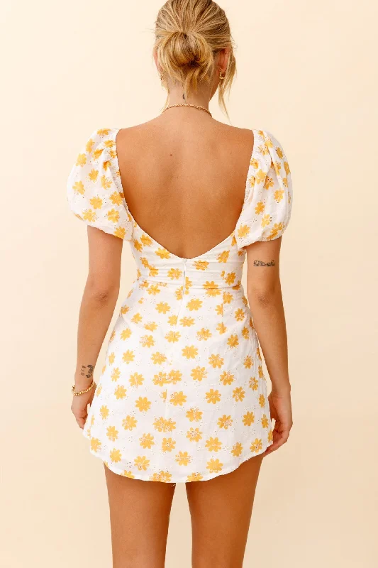 Sunshine Day Puff Sleeve Cutout Bust Dress Floral Print White/Yellow