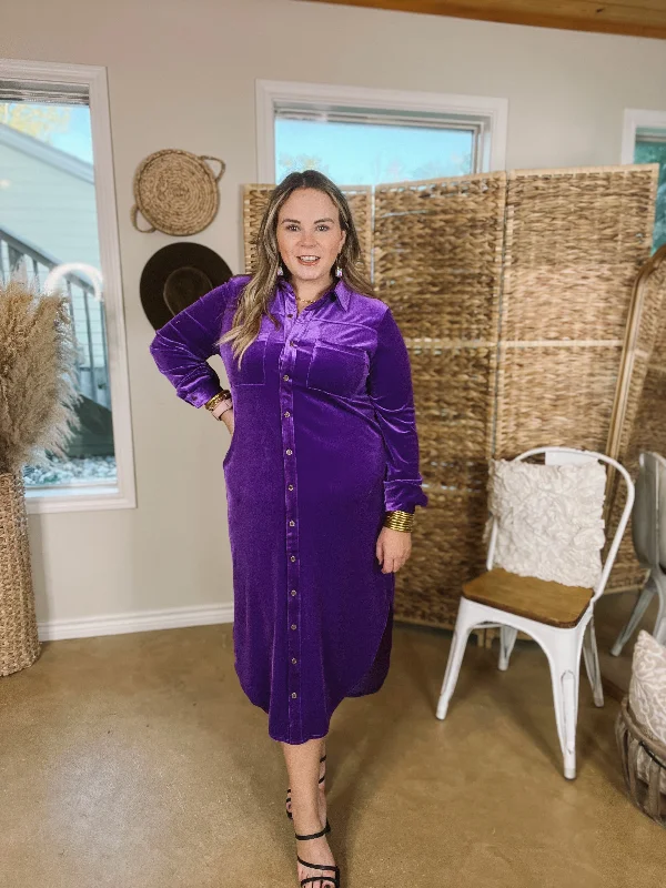 London Fog Velvet Button Up Midi Dress with Long Sleeves in Purple