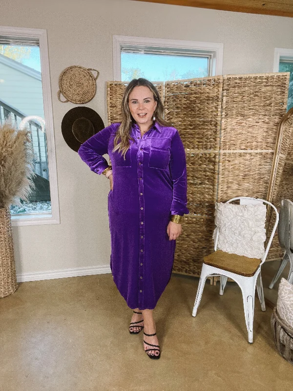 London Fog Velvet Button Up Midi Dress with Long Sleeves in Purple