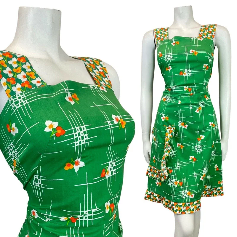 VINTAGE 60s 70s APPLE GREEN WHITE YELLOW FLOWER MOD SUMMER SUN DRESS 8